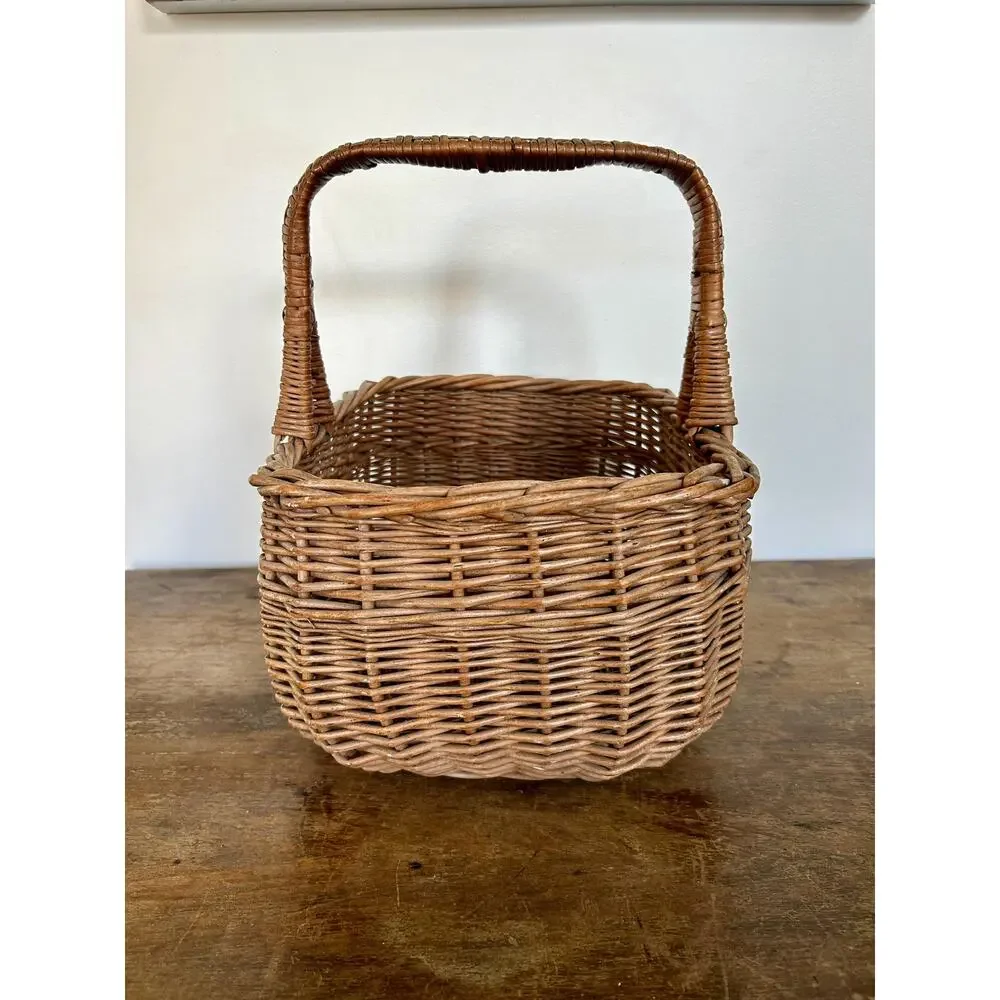 Vintage Rustic Gathering Wicker Basket with Handle | Primitive Cottagecore